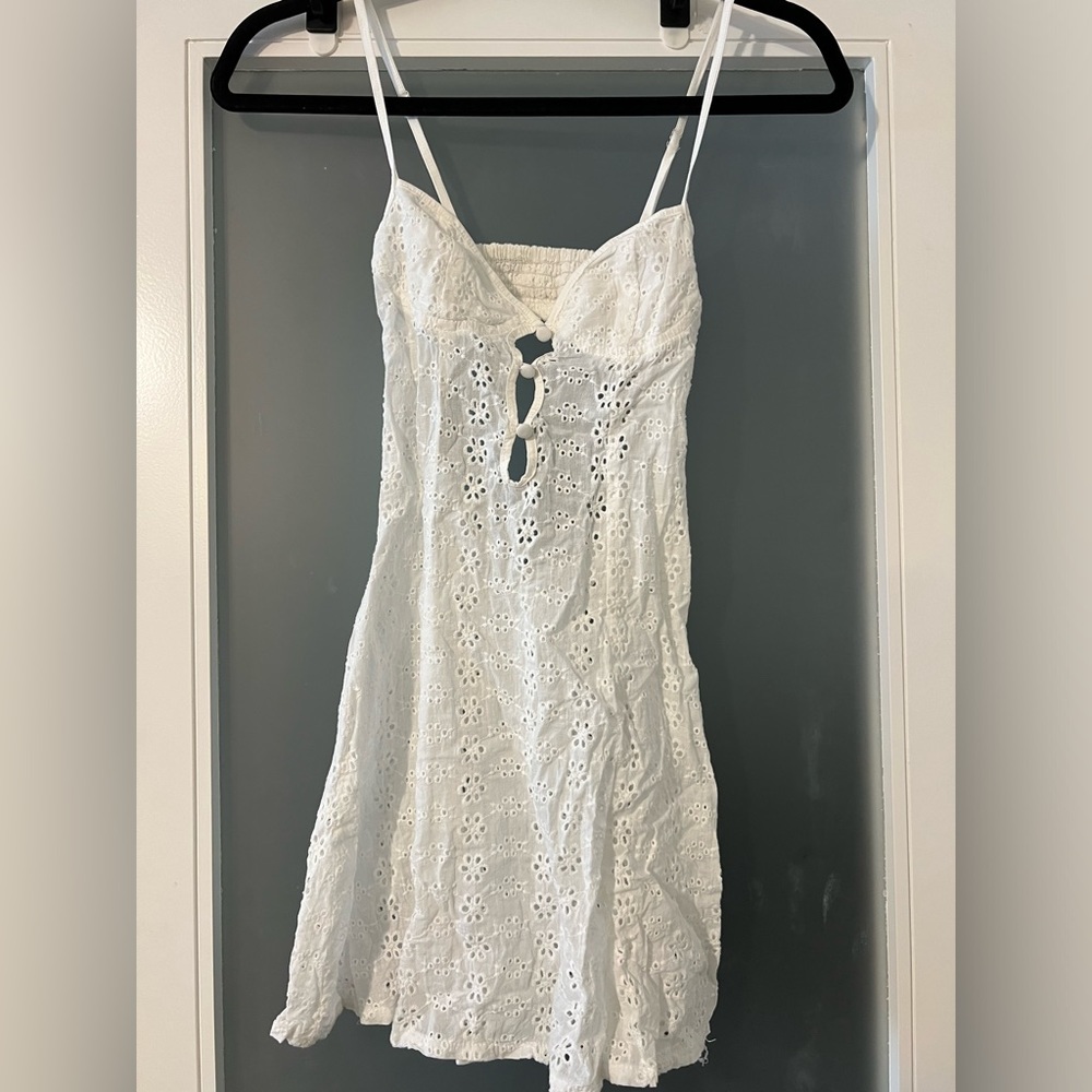 white eyelet crochet mini dress by Edikted